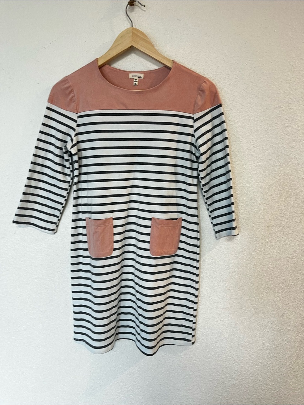 Monteau Black & White Striped Shift Dress with Rose‎ Accents